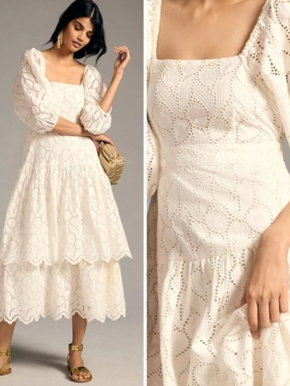 Anthropologie Maeve elegant white tiered eyelet midi dress with a square neckli